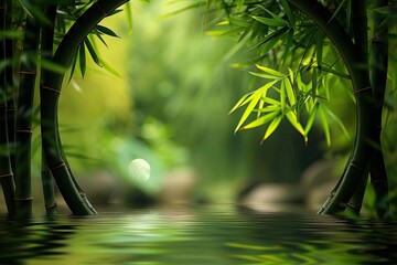 Poster - Serene bamboo forest with water reflection, capturing the tranquil beauty of nature in a lush green environment.