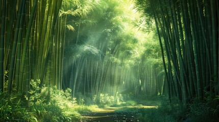 Poster - Serene pathway through a lush green bamboo forest bathed in sunlight, evoking a sense of tranquillity and nature's beauty.