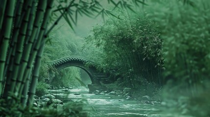 Poster - Serene bamboo forest with a misty river and an ancient stone bridge creating a tranquil and atmospheric scene.