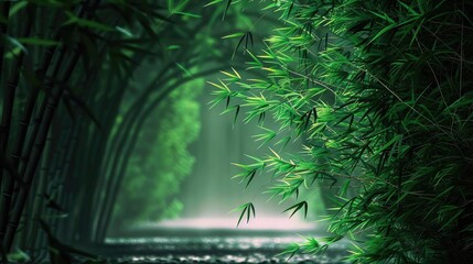 Poster - Enchanting bamboo forest pathway with lush greenery and soft light, creating a serene and tranquil natural scene perfect for relaxation and meditation.