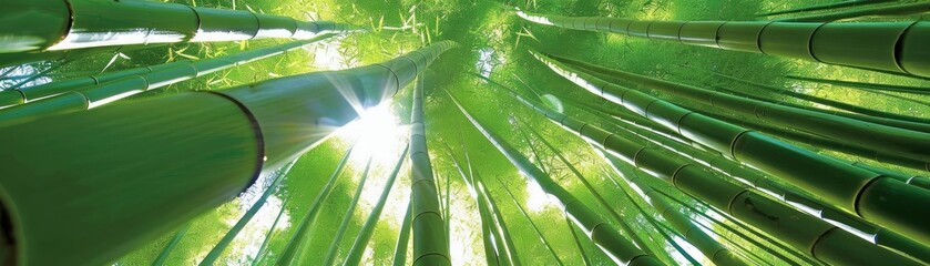 Poster - Sunlight filters through tall green bamboo stalks in a serene forest, creating a peaceful and vibrant nature scene.