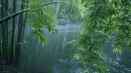 Aufkleber - Serene bamboo forest in rainfall, with lush green leaves and tranquil water creating a calming, natural ambiance.