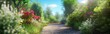 © Yasir - Garden Pathway Enchanting blurred background image of a garden pathway lined with blooming flowers, green shrubs, and a blue sky on a sunny day.