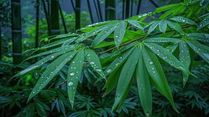Poster - Close-up of green bamboo leaves with water droplets in a serene forest setting, showcasing natural beauty and tranquility.