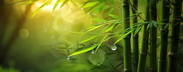 Poster - Serene bamboo forest with sunlight filtering through foliage and dew drops on leaves, creating a tranquil and natural ambiance.