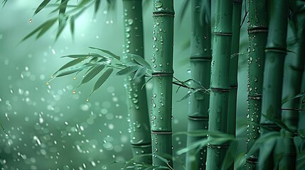 Poster - Serene bamboo forest with lush green stems and leaves covered in raindrops, capturing the essence of tranquility and nature's beauty.