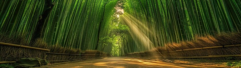 Poster - Sunlight filters through a serene bamboo forest pathway, creating a tranquil and picturesque natural scenery ideal for relaxation and meditation.
