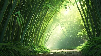 Aufkleber - A serene bamboo forest path with sunlight filtering through the tall green stalks, creating a tranquil and peaceful natural scene.