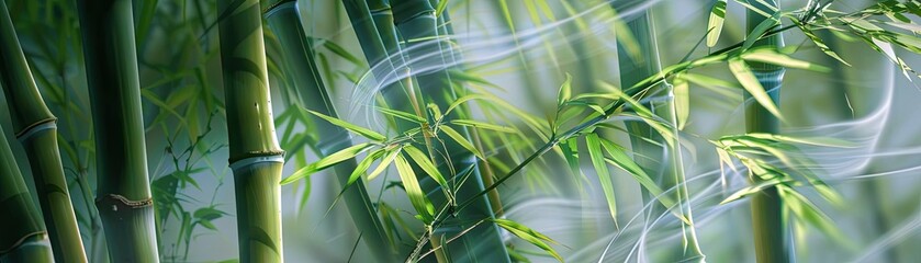 Poster - Lush green bamboo stalks with delicate leaves in a serene forest setting, evoking tranquility and natural beauty.