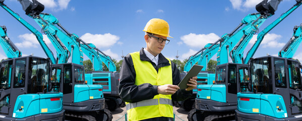Aufkleber - Engineer in a helmet with a digital tablet stands next to construction excavators..