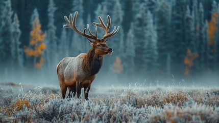 Wall Mural - A deer stands in a field of snow and grass