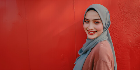 A portrait of a young smiling Muslim woman wearing a gray hijab against a red background studio with copy space for text