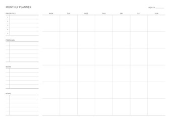 A monthly plan template with a simple and minimal style. Note, scheduler, diary, calendar planner document template illustration.