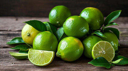 fresh limes on a wooden table with leaves and a lime. high quality photo