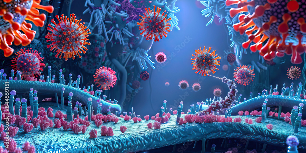 Viral Entry into Cells: An illustration showing how the novel virus enters host cells, including the binding of viral proteins to cell receptors and the internalization of the virus into the cell