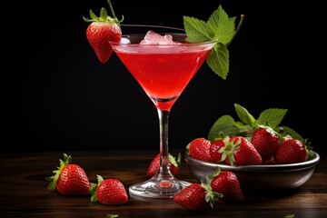 Wall Mural - Indulge in the sophisticated elegance of a refreshing strawberry cocktail served in a vibrant red glass, garnished with fresh mint and ice, against a dark background