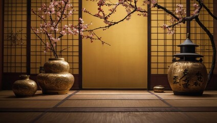 Wall Mural - Antique-style golden Japanese-themed backdrop.