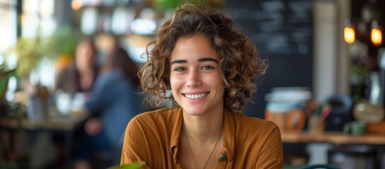Wall Mural - Portrait of a beautiful smiling woman with curly hair sitting at a table in a modern office