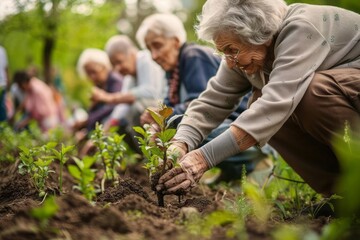 A group of older adults volunteering together planting trees or helping at a community event demonstrating their active role in society