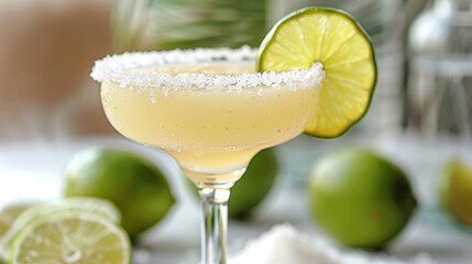 Wall Mural - A frosty margarita rimmed with salt and adorned with a slice of juicy lime.