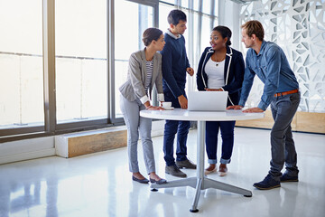 Fototapete - Business people, teamwork and cooperation with laptop, brainstorming and professional in modern office. Staff, employees and coworkers with ideas, collaboration and diversity with project and startup