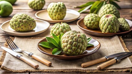 Wall Mural - Exotic fruits on a wooden table with leaves.