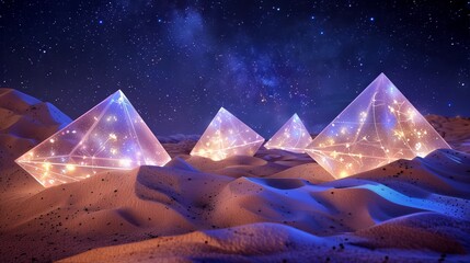 Wall Mural - a starlit desert festival with glowing pyramids, lit sand dunes, and a magical starlit night sky.
