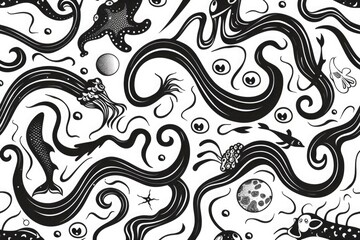 A vector graphic design featuring an ocean pattern with black and white swirls, waves, sea creatures, bubbles, marine life elements, and no background. The