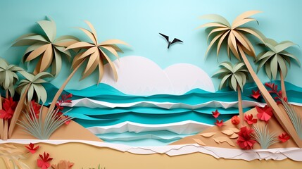  A summer beach scene crafted entirely from paper, featuring palm trees, ocean waves, sandy shores, and vibrant red flowers