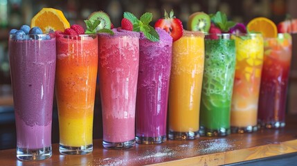 Wall Mural - A rainbow-colored array of fruit smoothies, blended to perfection and served in tall glasses.