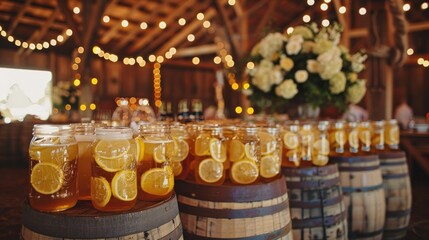 Wall Mural - A rustic barn wedding with barrels of craft beer and mason jars filled with homemade lemonade.