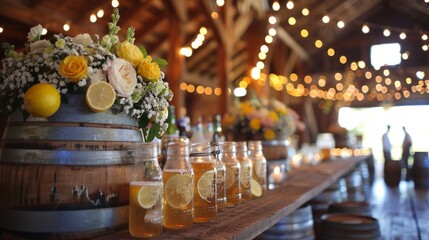 Wall Mural - A rustic barn wedding with barrels of craft beer and mason jars filled with homemade lemonade.