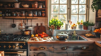 Wall Mural - A rustic farmhouse kitchen with a pot of simmering spiced cider on the stove and homemade cookies cooling on the counter.