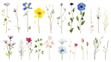 Wall Mural - set of watercolor wildflowers painting isolated on clear png background and transparent background. 