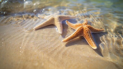 Wall Mural - Starfish on the sand beach in clear sea water. Summer background. Summer time .Copy space. Relaxing on the beach.