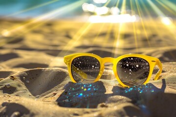 Wall Mural - Summer vacation image with yellow sunglasses on the beach sand. Sunlight from the ocean.