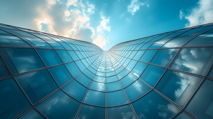 dynamic curves of a modern glass building with clear blue sky bottom to top view