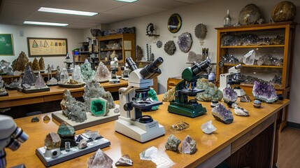 A specialized geology lab with rock samples, crystal models, and microscopes for analyzing minerals and structures.
