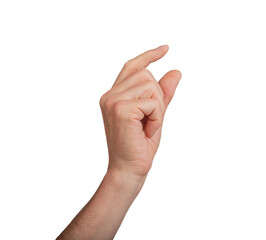 Hand holding a little bit of something, isolated on white background. Gesture indicating a pinch or small grasp, ideal for interaction and communication concepts. Close up view, transparent PNG