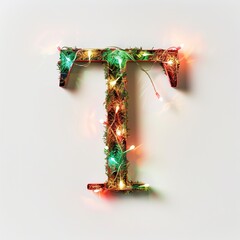 Wall Mural - The word T made of lights, on a white background, in a flat lay photography style