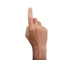 Hand pointing up with index finger, isolated on a white background. Ideal for concepts of touch, selection, and pressing. Right hand, close up view, showing gesture and, transparent PNG