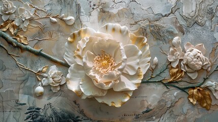 Wall Mural - Detailed view of a stucco mural featuring a detailed depiction of a camellia flower with raised texture and gold accents, set against a faint image of a Japanese garden.