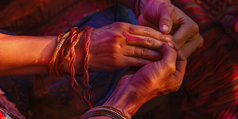 Wall Mural - Tying a Sacred Thread: A close-up of hands tying a sacred thread around a person's wrist, with pastel lighting highlighting the significance of the ritual