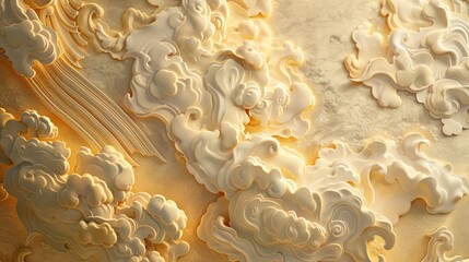 Poster - Close-up of a volumetric stucco design depicting a cloud with golden highlights, against a subtle background of a Japanese sky at sunset.