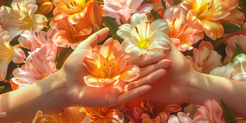 Wall Mural - Offering Flowers: A close-up of hands offering flowers in worship, with pastel colors enhancing the beauty and symbolism of the gesture