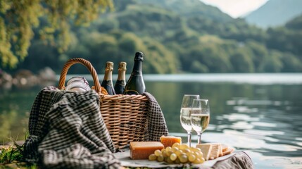 Poster - A serene lakeside picnic with a basket filled with bottles of chilled prosecco and gourmet cheeses.