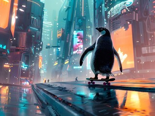 Wall Mural - Illustration of Penguin riding a skateboard through a futuristic city, holographic advertisements and towering skyscrapers in the background. Ai Generate.