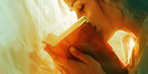 Wall Mural - Kissing a Holy Book: A close-up of someone kissing a holy book, with soft pastel colors highlighting the reverence and love for the sacred text