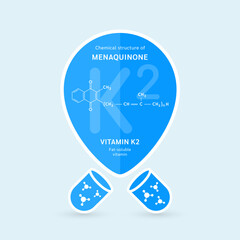 Wall Mural - Chemical structure of Menaquinone or Vitamin K2. Fat soluble vitamins. Essential fatty acid. Pin symbol floats out of the blue capsule. For use in design various products. Vector EPS10.
