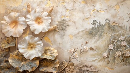 Poster - Detailed view of a stucco mural featuring a detailed depiction of a morning glory flower with raised texture and gold accents, set against a faint image of a Japanese garden.